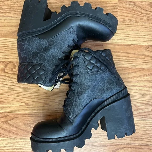 Gucci Black Quilted GG Canvas Platform Lace-Up Boots - Picture 1 of 2